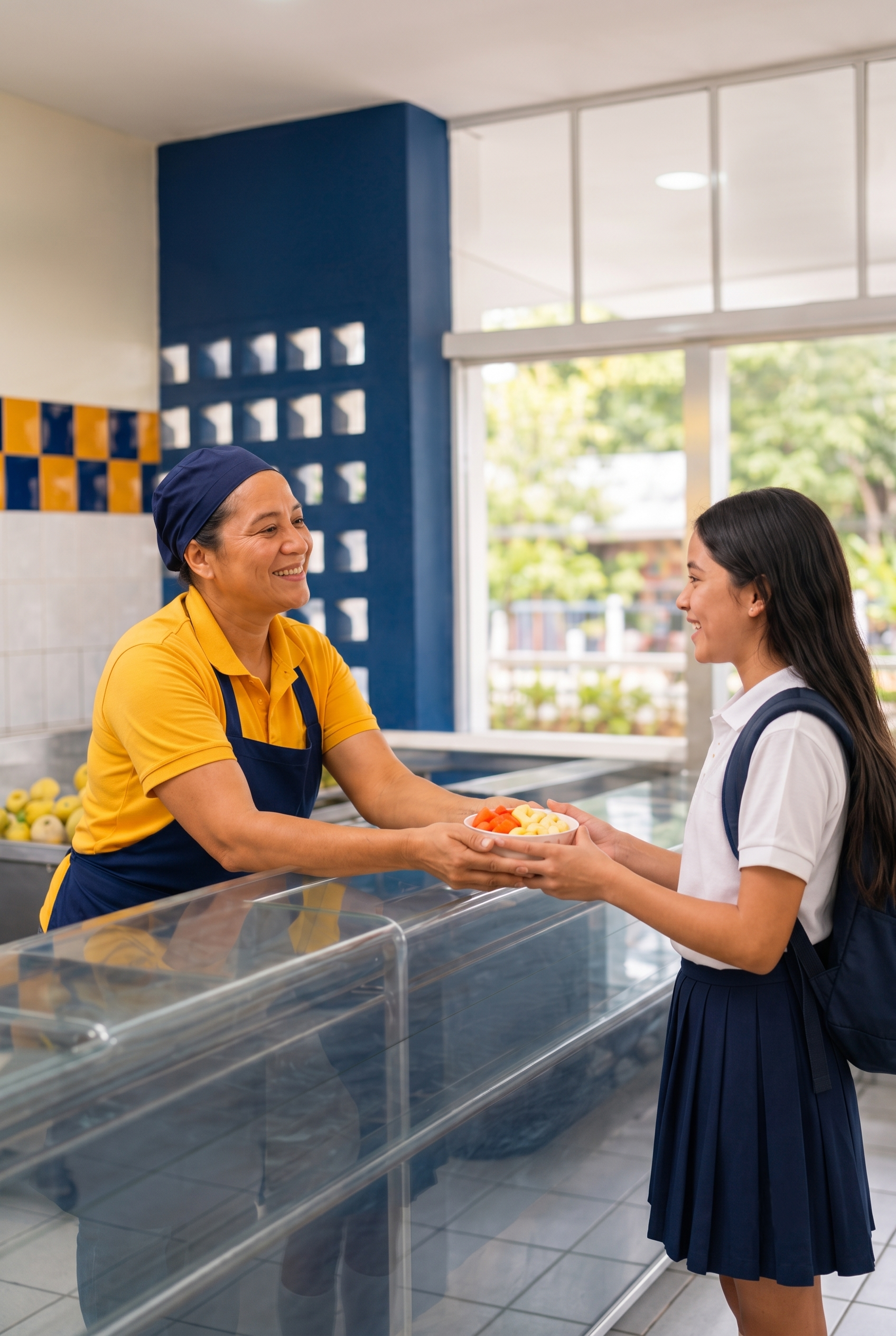 Encargada de una cantina escolar atendiendo a una estudiante
